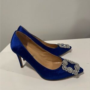 Elegant Blue Satin Heels with Embellished Buckle